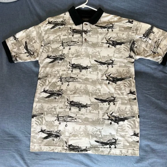 WWII Vintage Airplane Print Polo Shirt - Picture 1 of 4